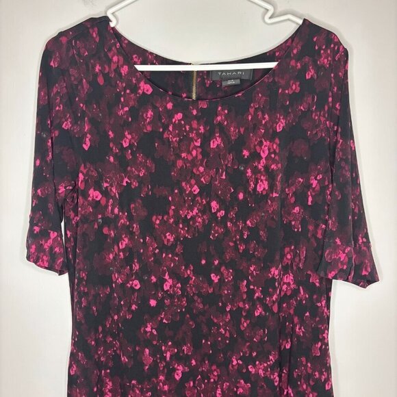 T Tahari Dresses & Skirts - TAHARI Shift Dress Womens 12 Black Pink 1/2 sleeve Stretch Back Zip